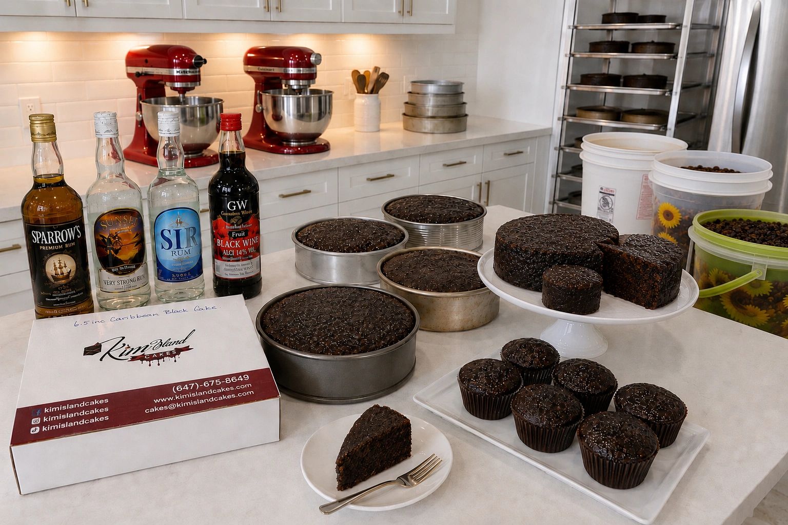 Kimi Island Cakes kitchen display with chocolate cakes and rum bottles