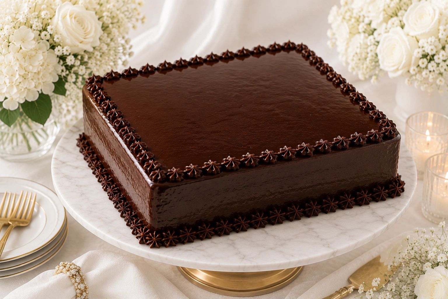 Dark chocolate cake slice with powdered sugar