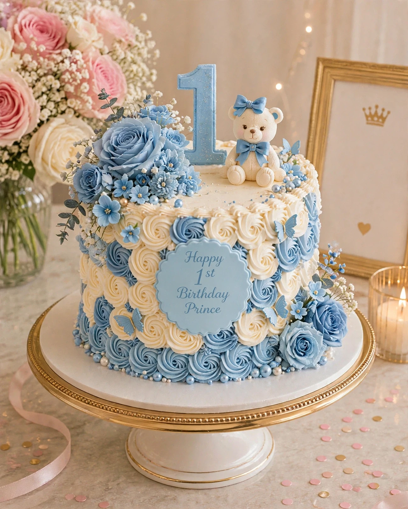 First Birthday Cake — Blue Rosette